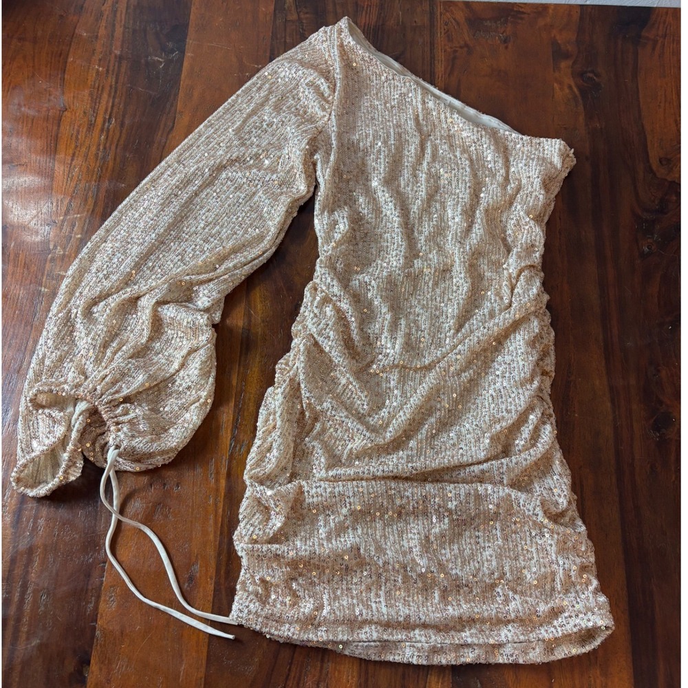 Champagne Gold Sequin One Shoulder Mini Dress Ruched‎ Balloon Sleeve Small